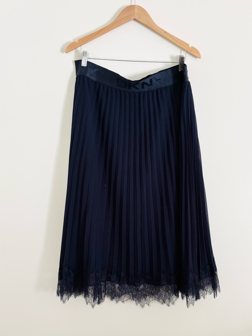 DKNY Navy Pleated Midi Skirt with Lace Hem